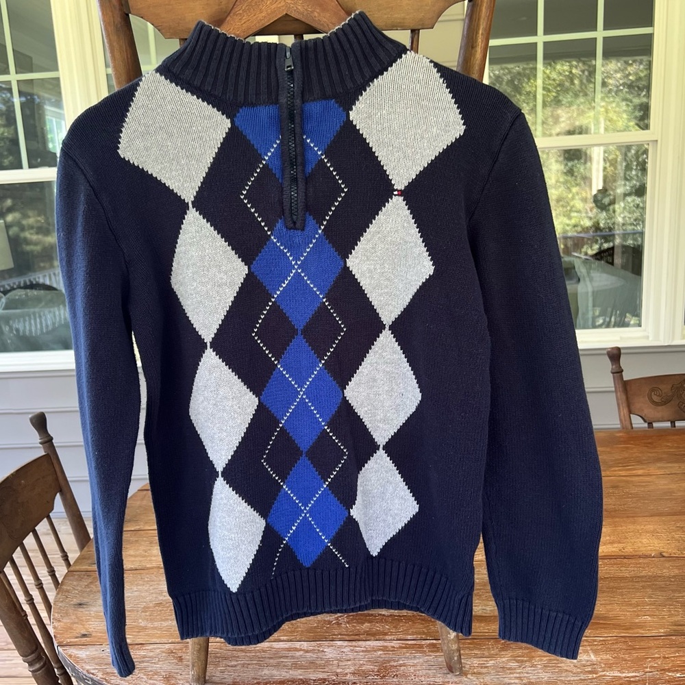 Tommy Hilfiger Boys 1/4 Zip Sweater Navy Blue Gray Diamonds Cotton Large 16/18